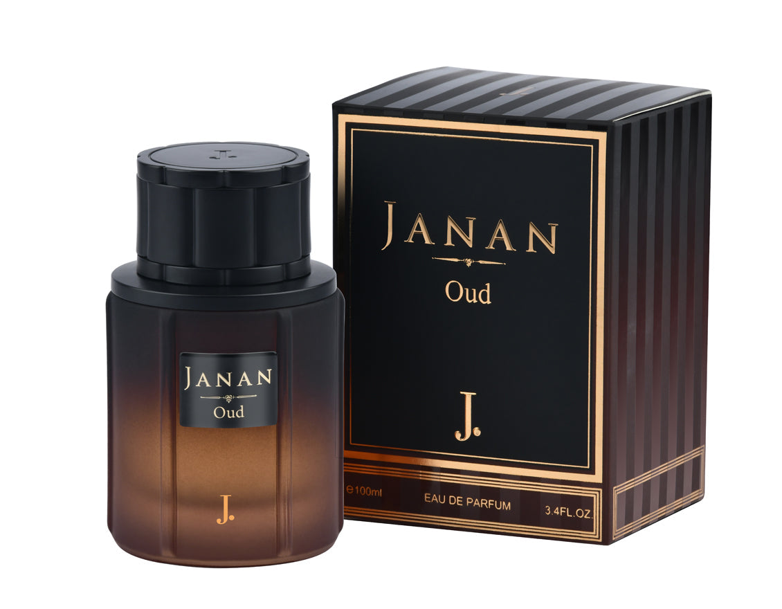 Perfume bottle and packaging box labeled 'JANAN Oud' on a white background.