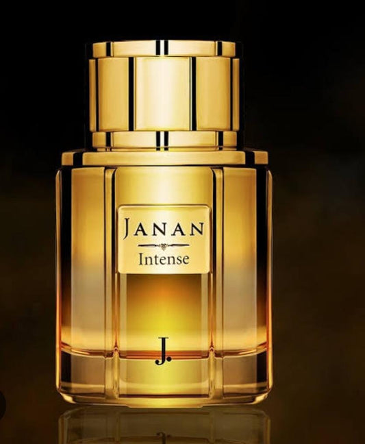 A glass bottle of Janan Intense perfume with a gold-colored label and cap, containing a yellow liquid.